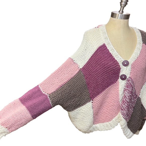 Handmade M/L Oversized Cardigan Pink Knit Cozy Boho Patchwork Artsy Grandma Y2K - Picture 3 of 9